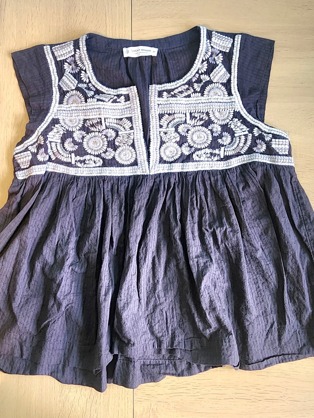 Lucky Brand Navy Blue Sleeveless Embroidered Peasant Tunic